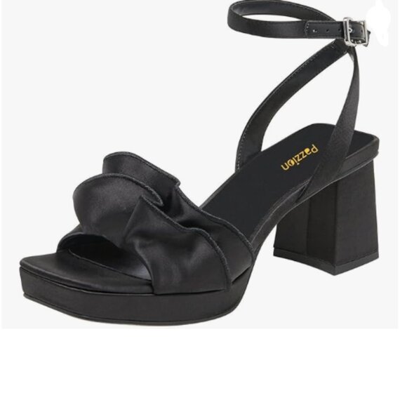 Pazzion Shoes - Pazzion Black Platform Square Toe Pleated Ruffle Sandal Block High Heel Shoes